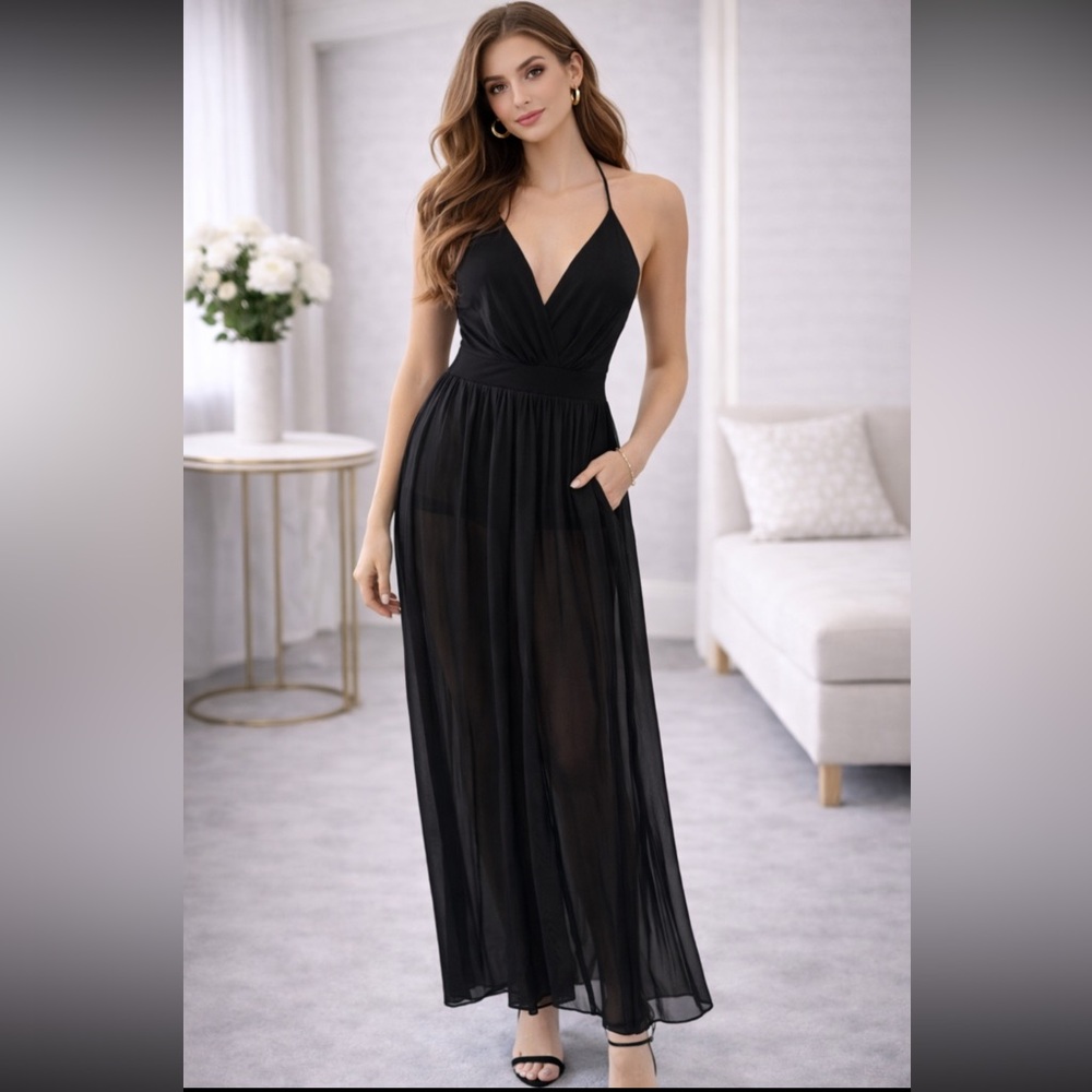 Fashion Nova Black Sheer Maxi Dress with Bodysuit, S